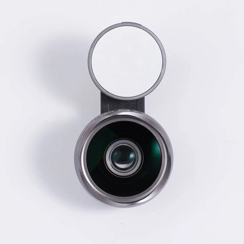 Universal smartphone camera lens kit with wide-angle and macro lenses, LED ring light, and mounting clip in black, red, or silver grey.