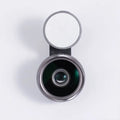 Universal smartphone camera lens kit with wide-angle and macro lenses, LED ring light, and mounting clip in black, red, or silver grey.
