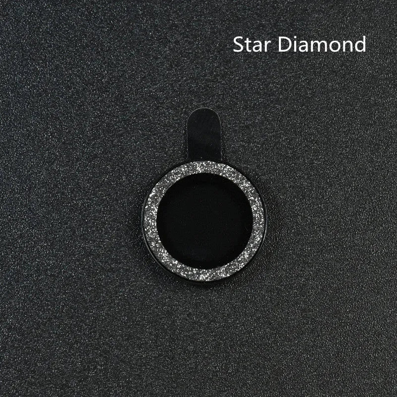 Close-up of a diamond lens protective film with aluminium ring for iPhone 12 Pro Max in silver.