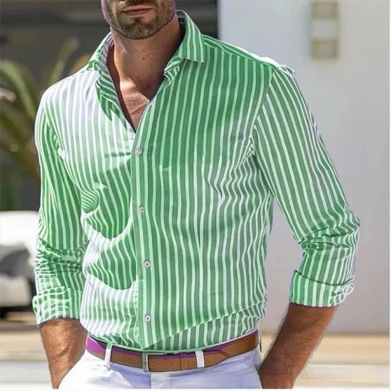 Men's slim fit striped long sleeve polyester shirt in youth fashion business commute style