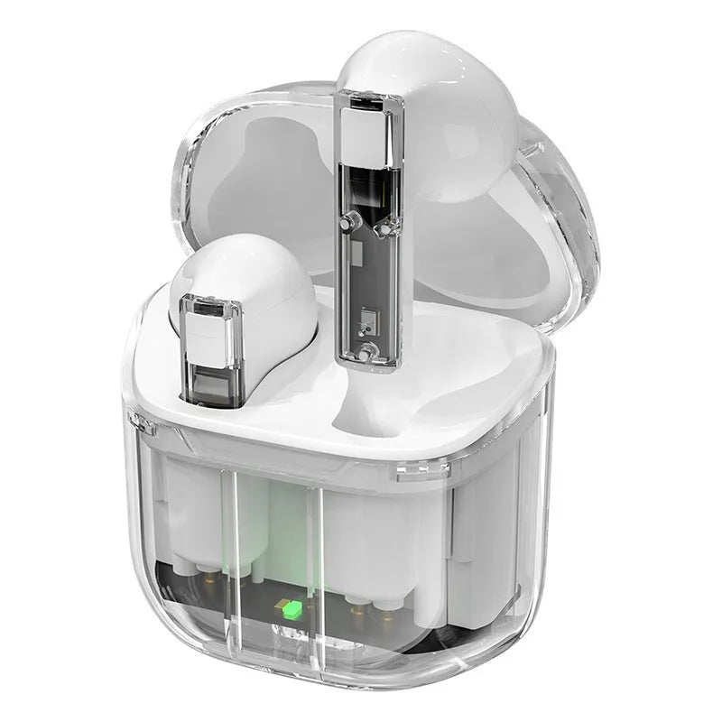 YX06 transparent wireless earbuds in white, black, orange, and green colours with a charging case.