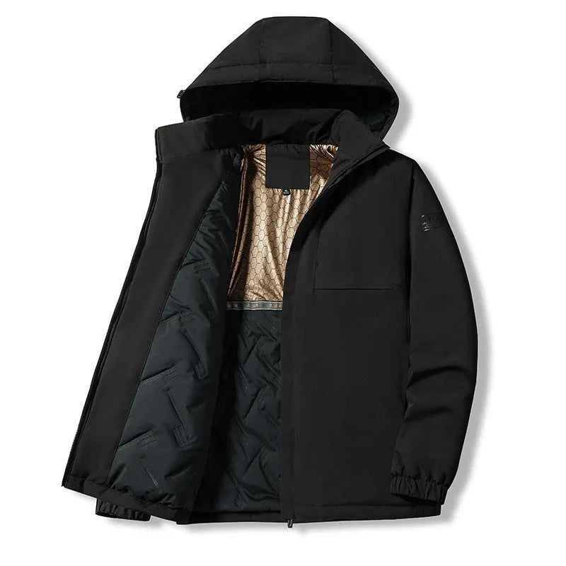 Men's black waterproof winter jacket shown on a hanger, showcasing its windproof outdoor design.