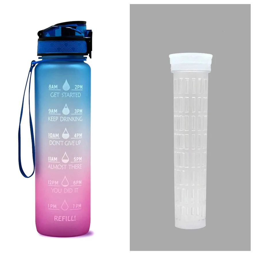 Blue and red gradient 1-litre Tritan sports water bottle with time markers, flip-top lid, and wrist strap.