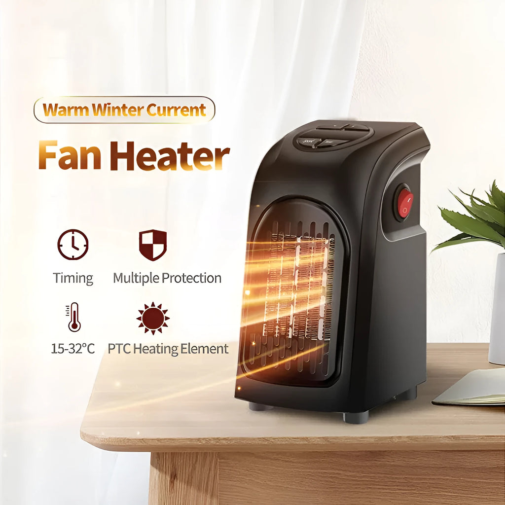 Small black ceramic fan heater with control buttons on top, showing plug and compact size.