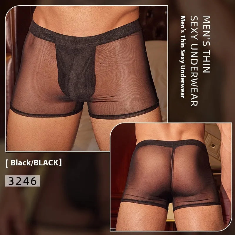 Men's ultra-thin black nylon boxer briefs laid flat showing elastic waistband.