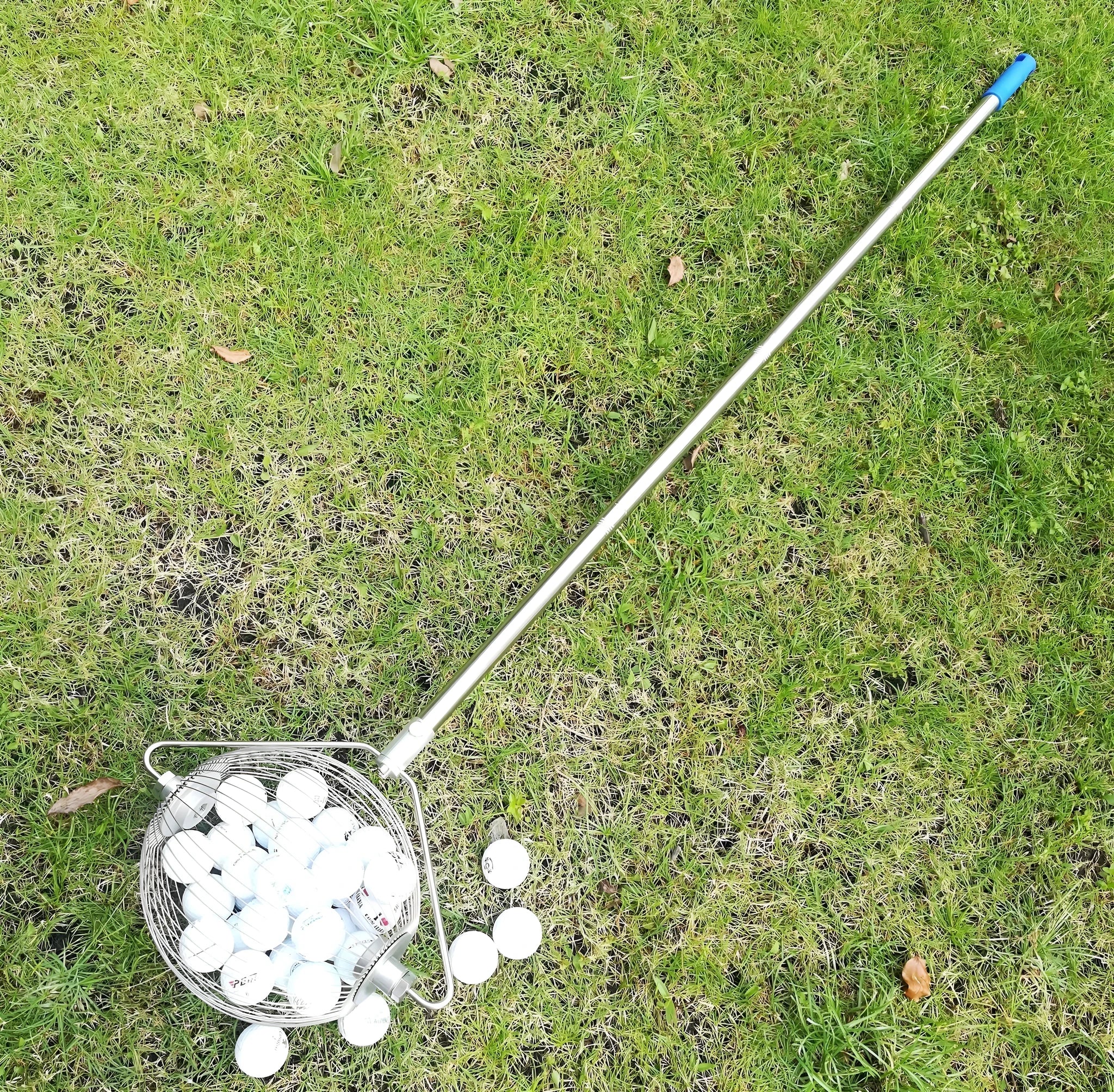 Stainless steel golf ball picker with metallic finish for retrieving practice balls