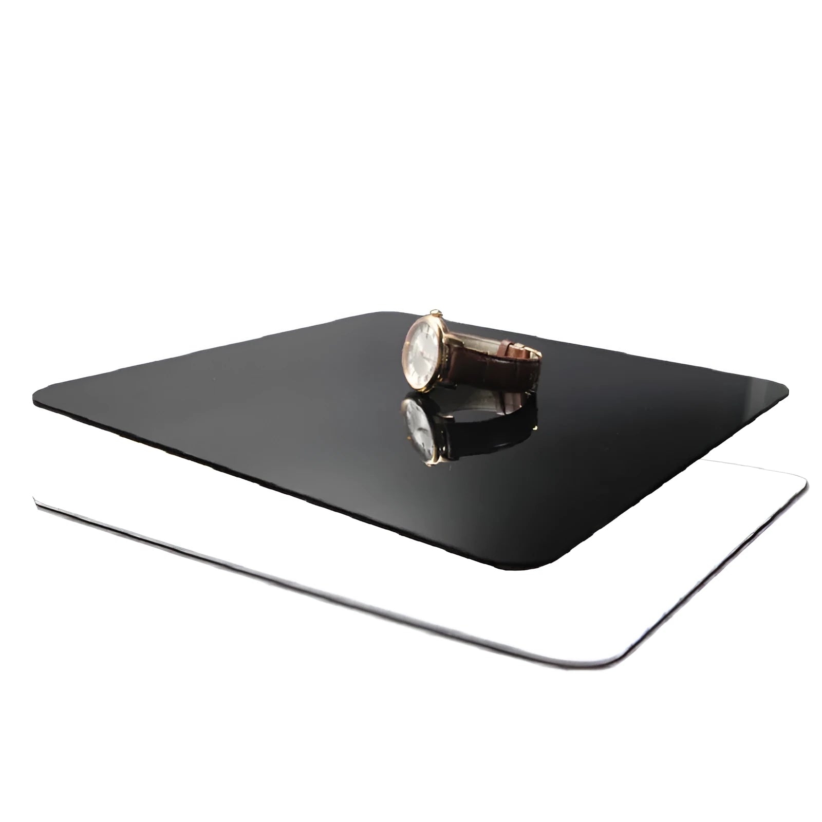 Black and white square acrylic reflection boards for product photography in 20cm, 30cm, and 40cm sizes.