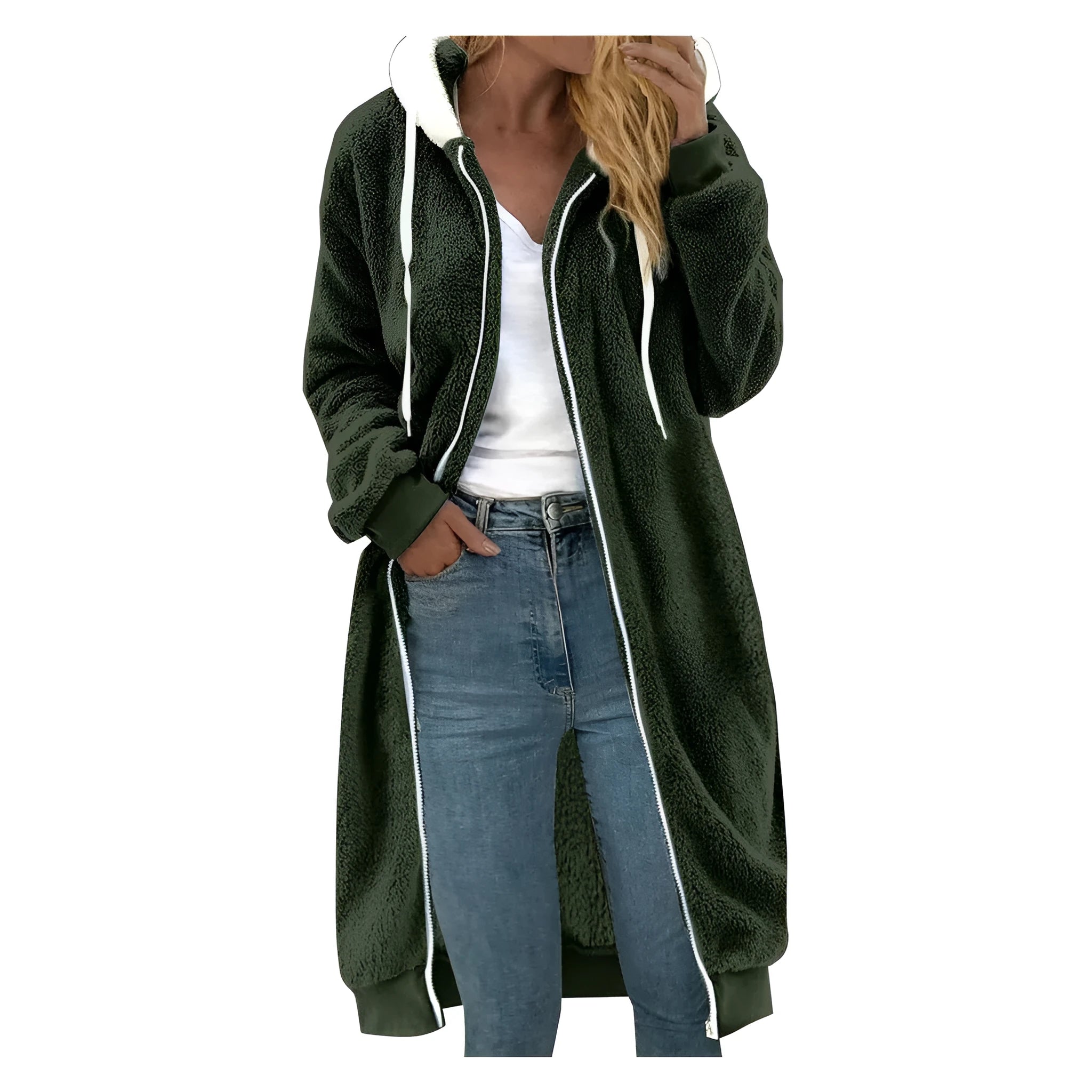 Women's thick double-sided plush fur hooded overcoat in military green with artificial fur collar and long sleeves, 100cm length