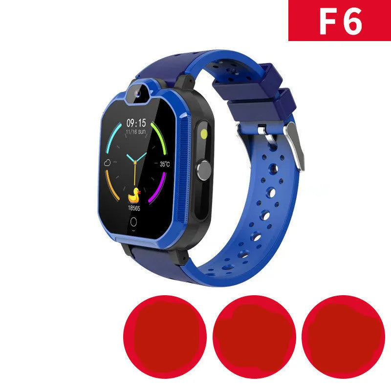 Blue and pink children's smart watch with touch screen for video calls and GPS tracking.