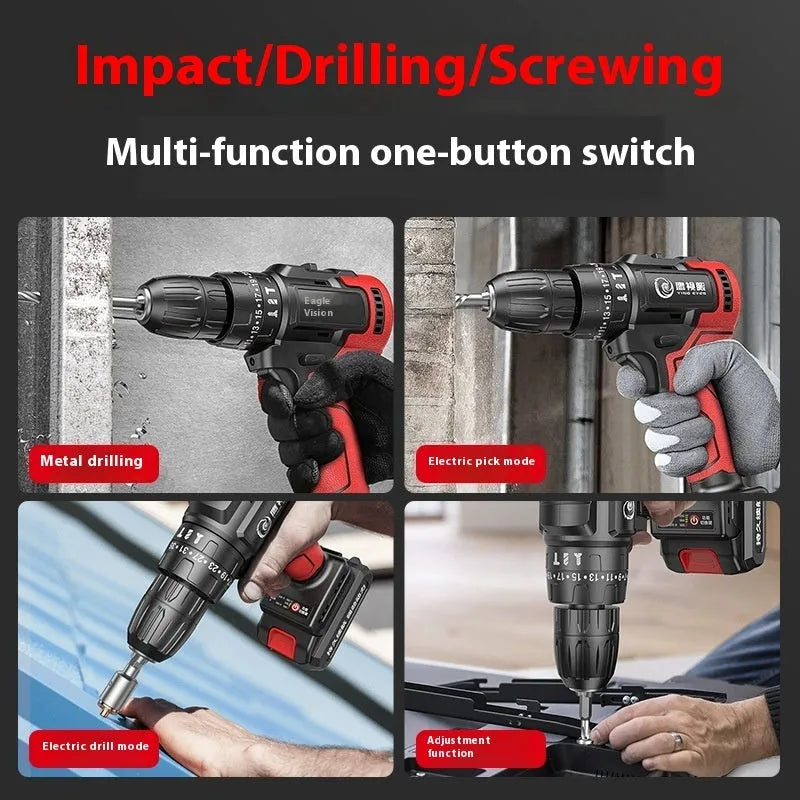 Brushless electric drill rechargeable 21V 400W with 10mm chuck and two batteries on a workbench