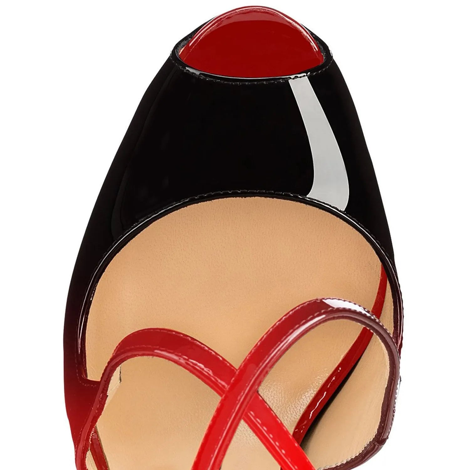 Women's black and red peep toe high heel shoes with matching cross straps and super high heels