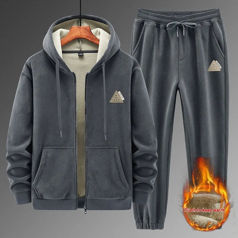 Grey cashmere hooded sweater and matching cotton pants casual sports set laid flat