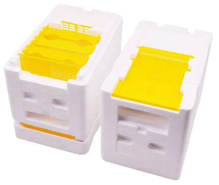 Three white EPS foam mini delivery boxes for bee hive mating and breeding tool set.