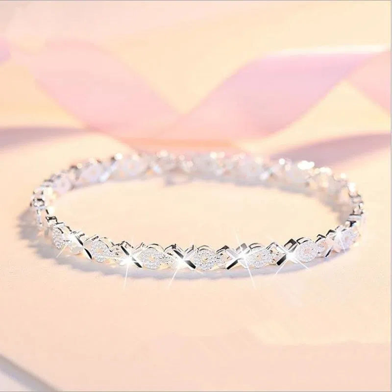 Sterling silver geometric zircon bracelet for women, silver colour, copper electroplated construction
