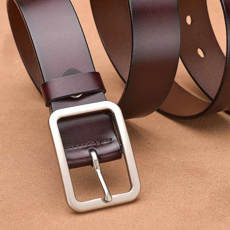 Genuine leather belt with rectangle alloy pin buckle, shown in red, black, brown and camel
