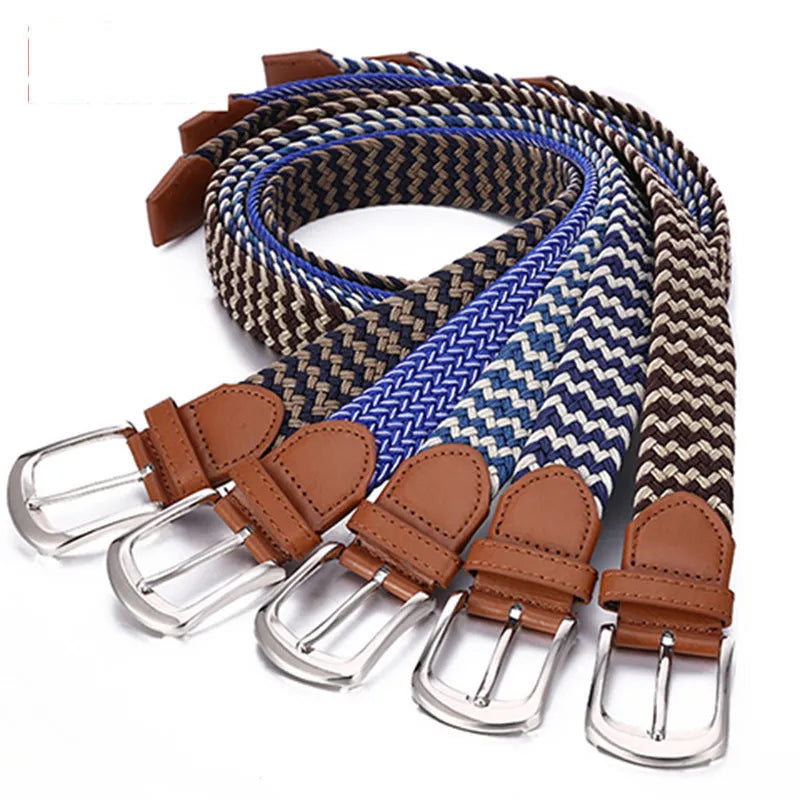 Unisex braided elasticated stretch belt in canvas with alloy buckle, available in multiple colours, on a plain background.