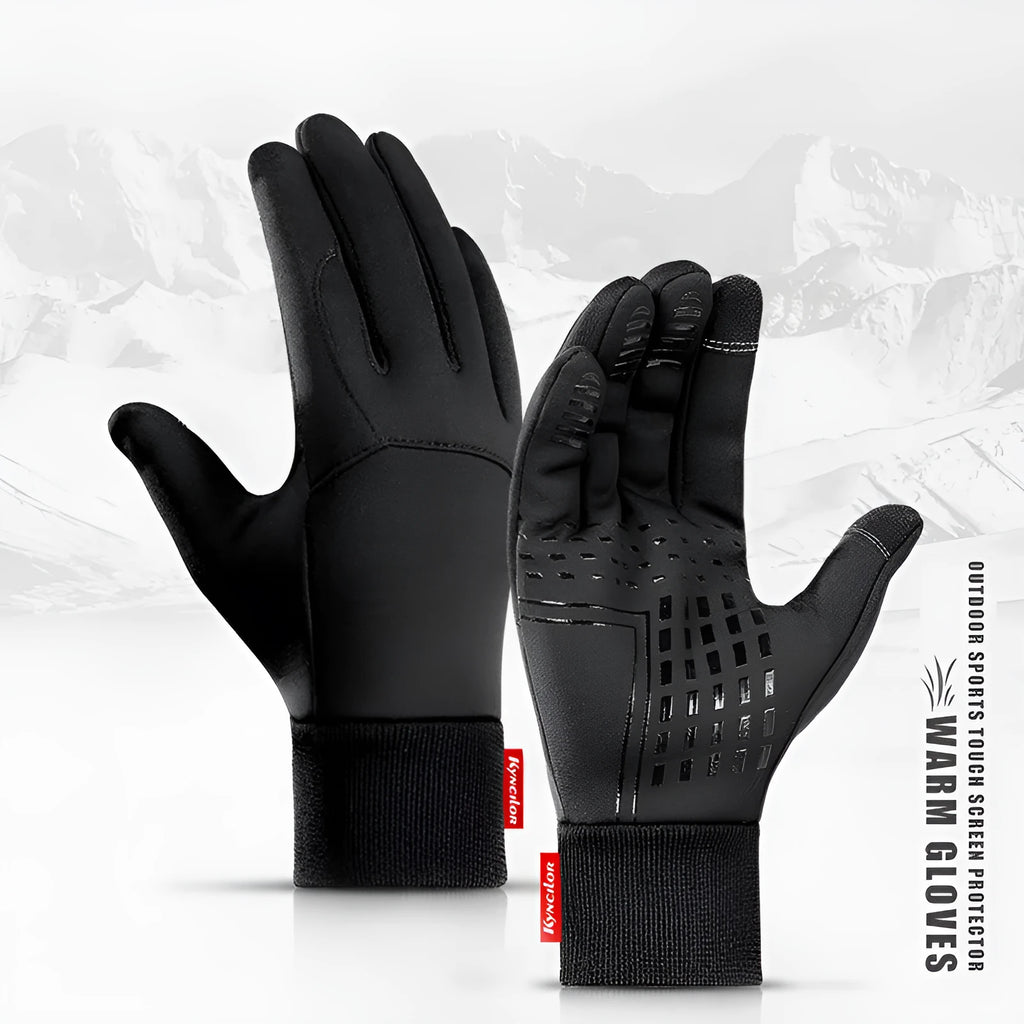 Pair of black winter outdoor sports gloves with touchscreen fingertips on a neutral background