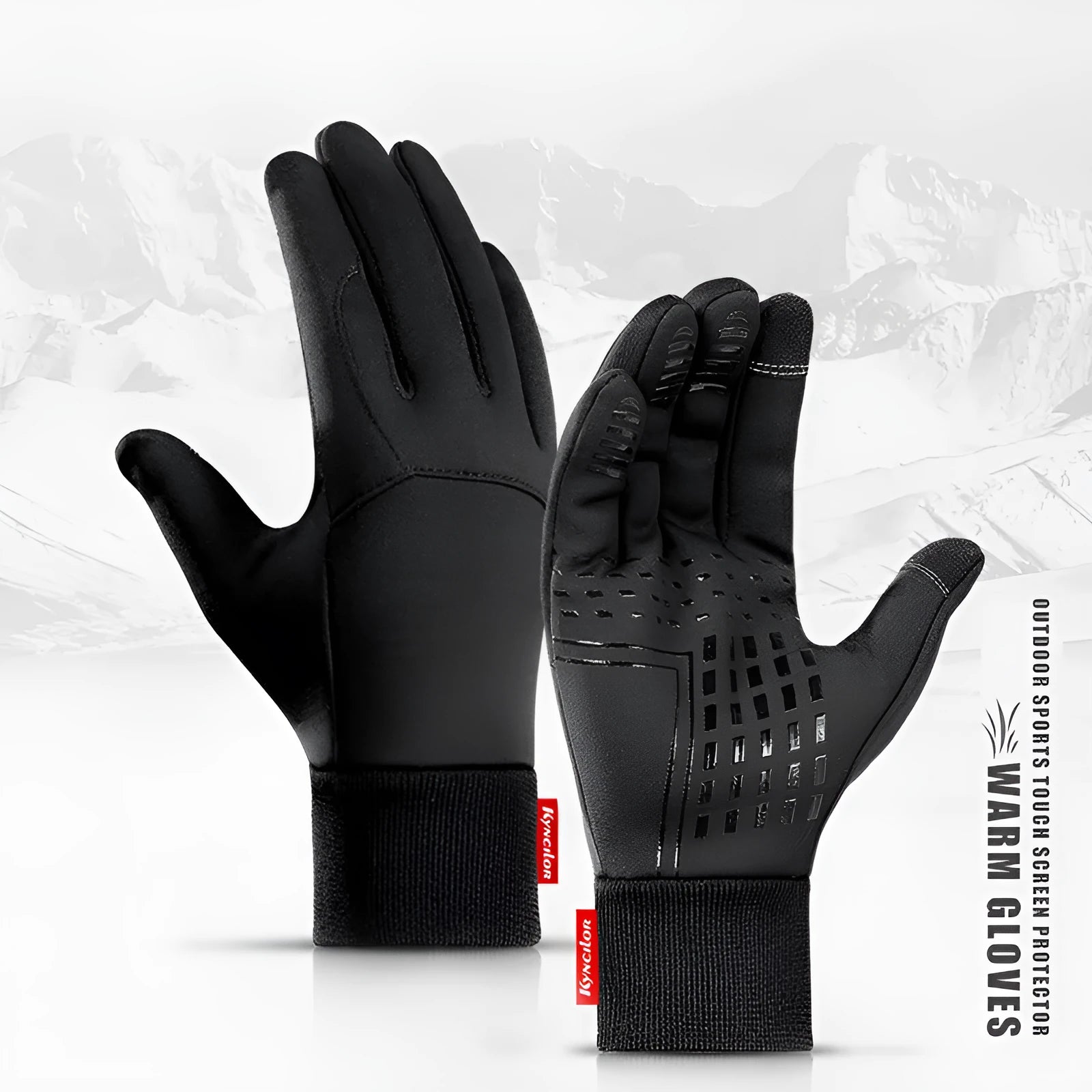 Pair of black winter outdoor sports gloves with touchscreen fingertips on a neutral background