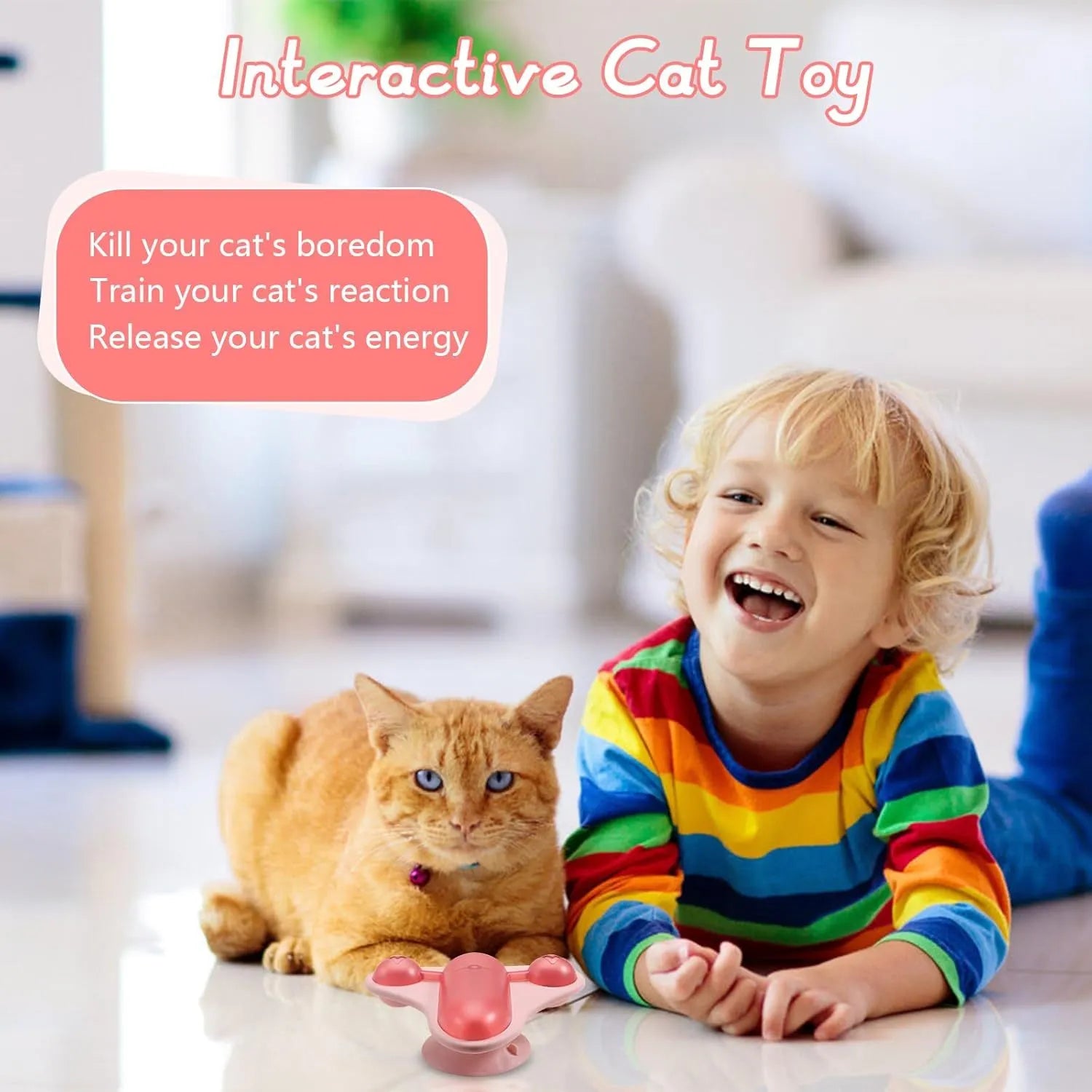 Blue interactive pet puzzle toy with spinner, bell, catnip and snack cabin on a smooth floor.