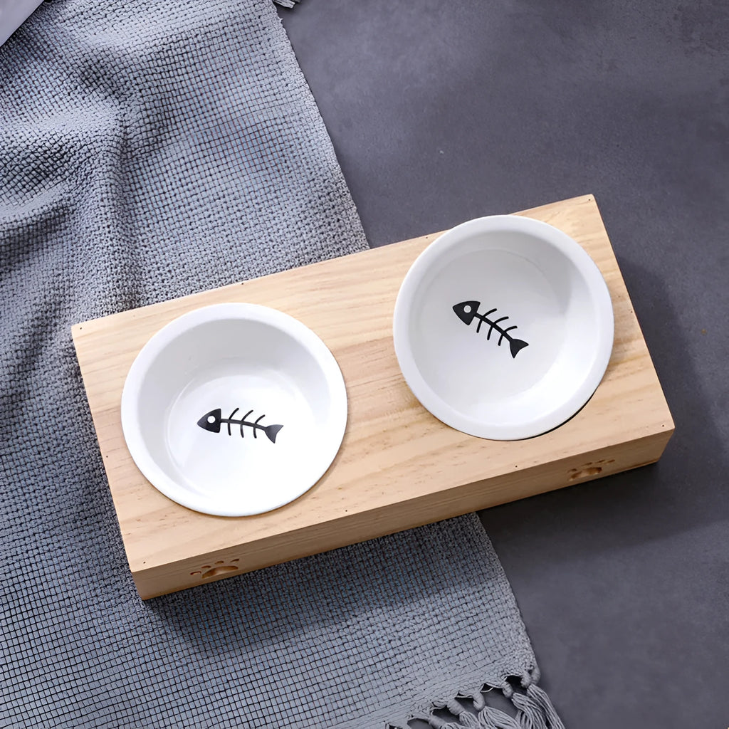 Solid wood pet dining table with stainless steel bowls in pine or bamboo finish
