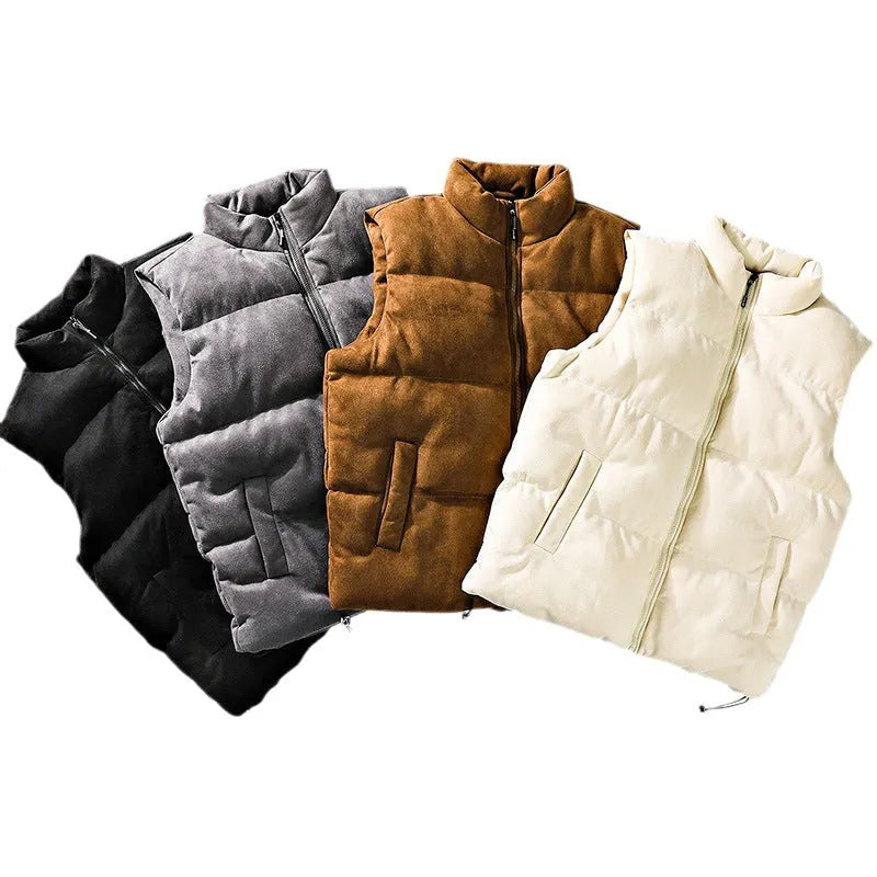 Men's stand-up collar cotton-padded vest in solid colour, loose fit, with slit pockets, available in multiple sizes.
