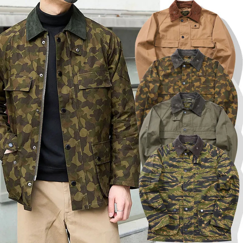 Men's cotton stitching workwear jacket in army green, khaki, tiger pattern or new rainforest camouflage, sizes S to XXL