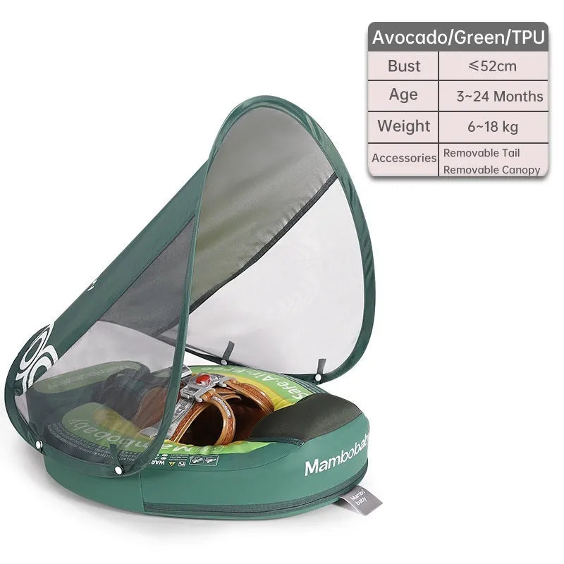 Avocado green dinosaur baby swimming ring with sun shade inflatable float