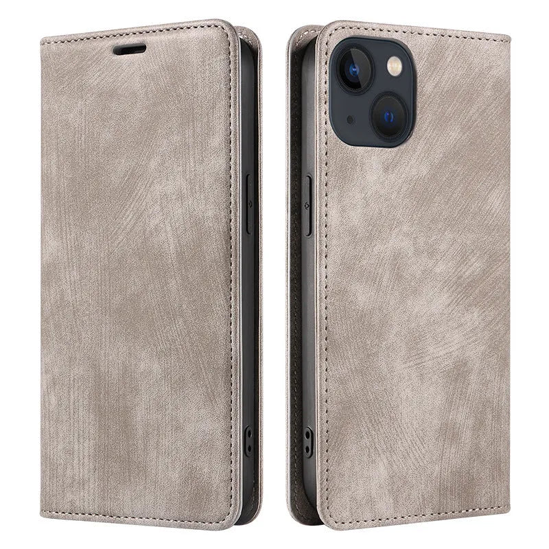 Magnetic flip phone case for iPhone in leather and TPU, shown closed with secure magnetic clasp.