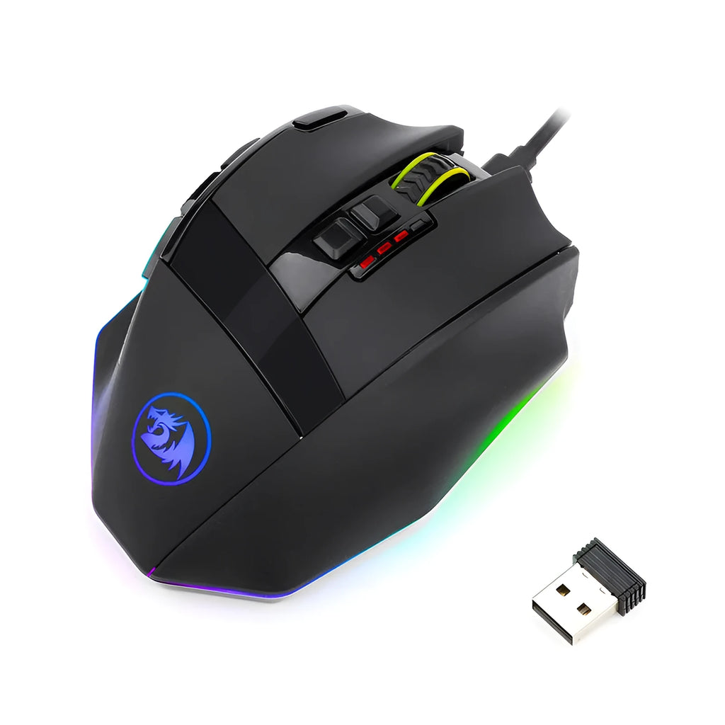 Black Redragon M801P dual-mode wireless and wired gaming mouse with multiple side buttons.