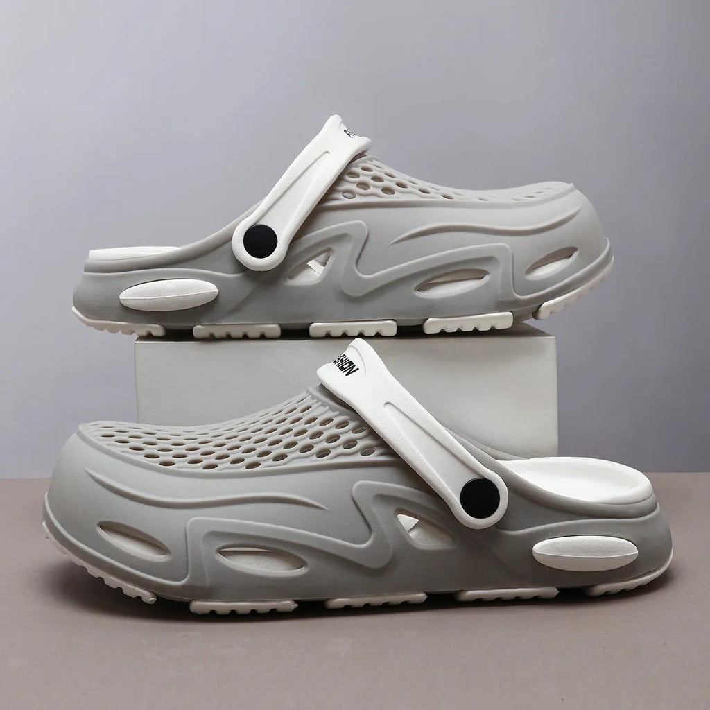 Men's grey closed toe beach slippers with non-slip EVA sole and round toe design