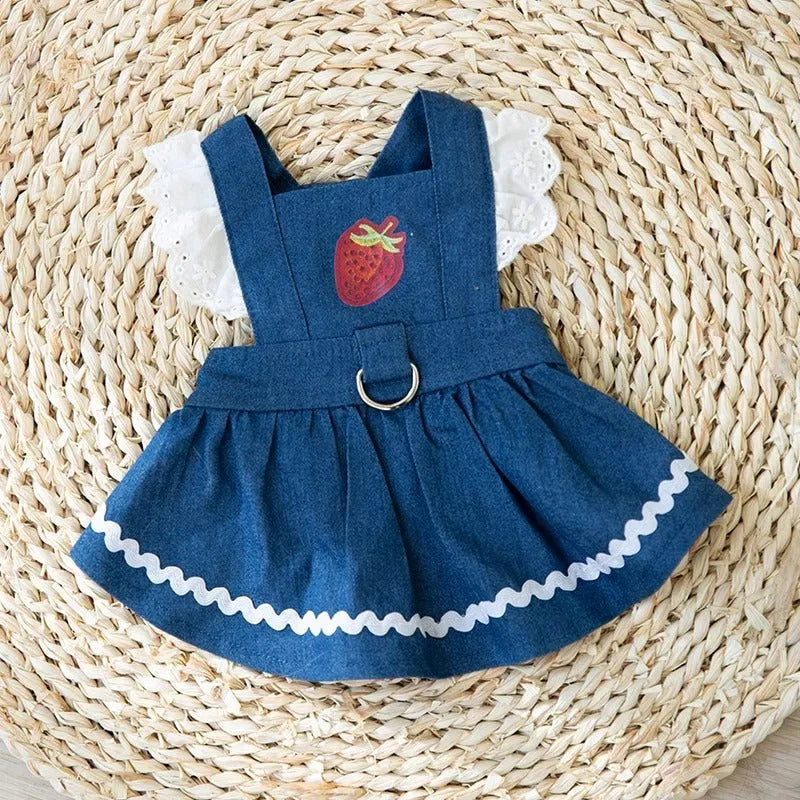 Strawberry traction print denim skirt dog clothes in Bondi Blue colour on small dog model