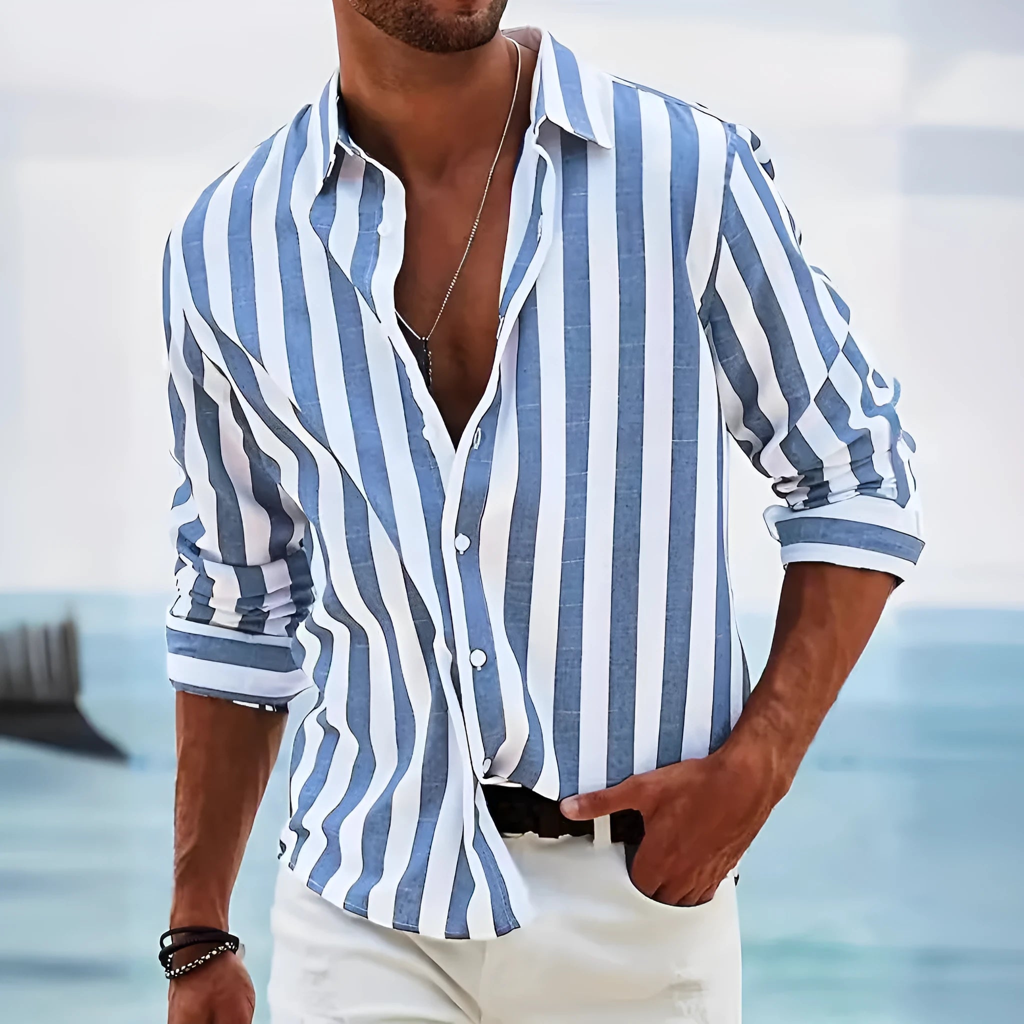 Men's yarn-dyed striped casual shirt in polyester with loose fit and long sleeves