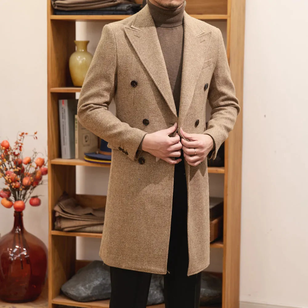 Brown men's double breasted slim jacket with side seam pockets and straight hem
