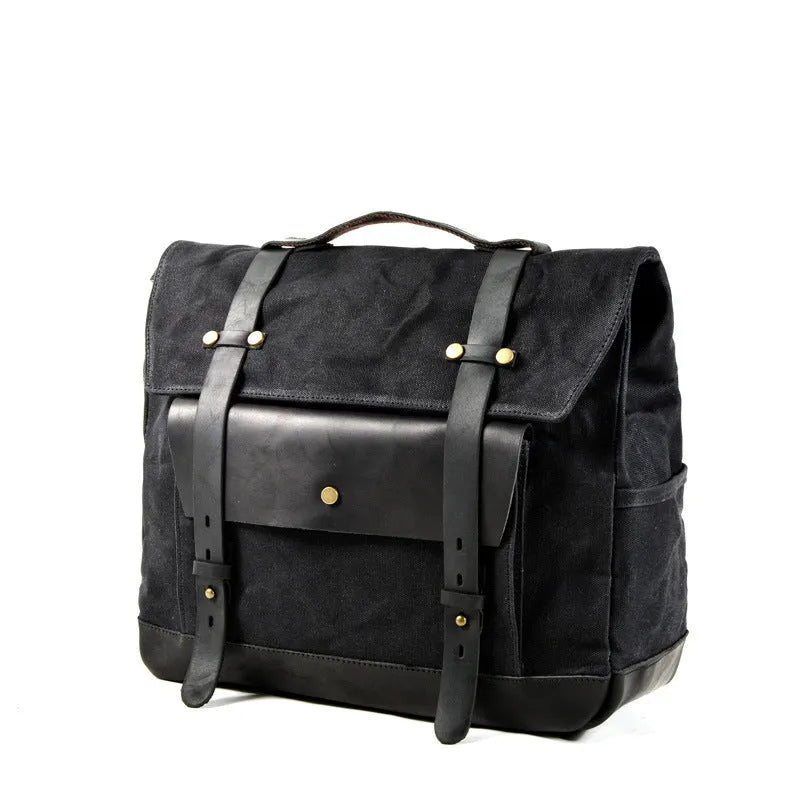 Camel Bag Knight cotton messenger bag in army green with rivet details, showing internal zipper and phone pockets.