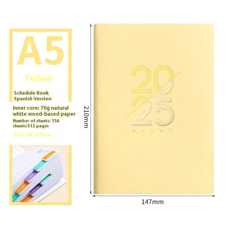 2025 A5 daily schedule book with soft faux leather cover, open to show weekly planner layout.