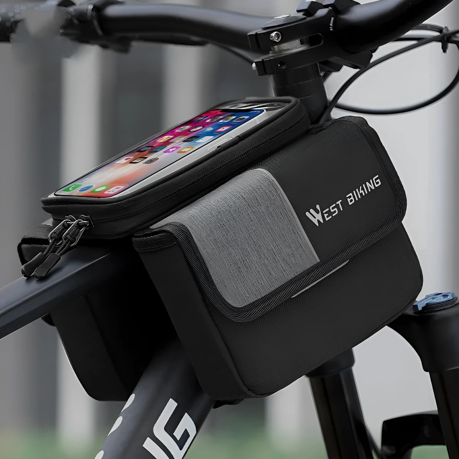 Black and grey bilateral tube bicycle saddle bag with 2L Oxford cloth storage