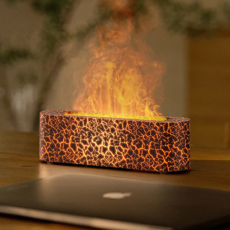 Square desktop aroma diffuser and humidifier with creative lava colourful flame lighting effect.