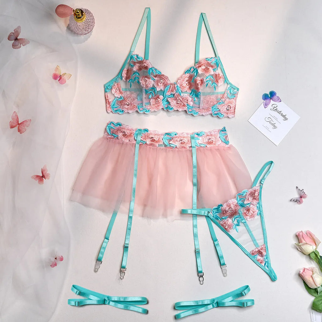 Pink women's mesh pettiskirt suit with embroidery detailing and bikini components