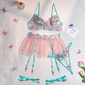 Pink women's mesh pettiskirt suit with embroidery detailing and bikini components