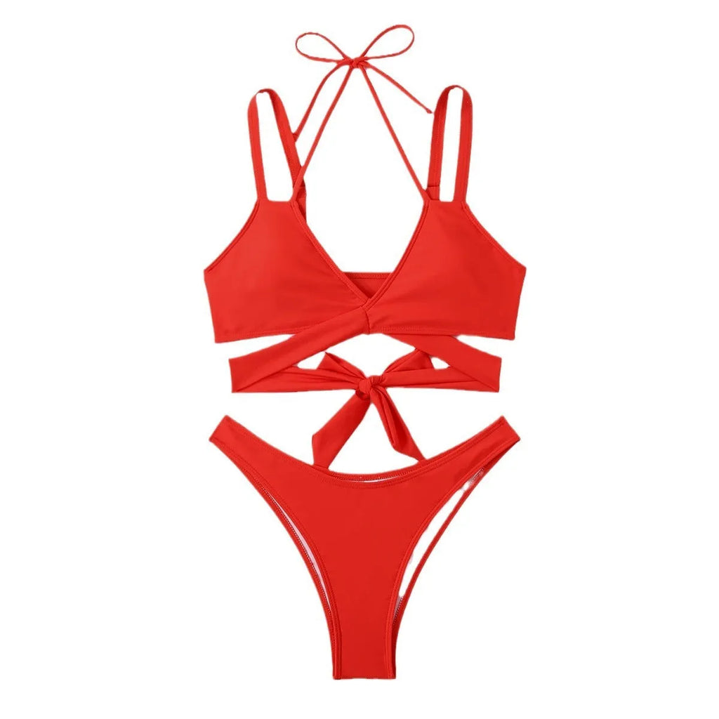Solid colour women's brief bikini swimsuit on a mannequin, showcasing the strap design.