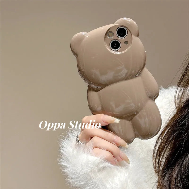 Silicone anti-fall phone case with cute three-dimensional bear design for iPhone, khaki colour
