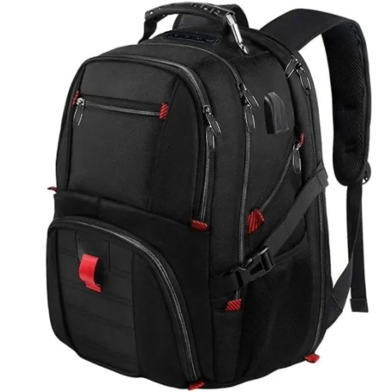Large black USB charging backpack with curved shoulder straps showing external USB port and Oxford cloth texture