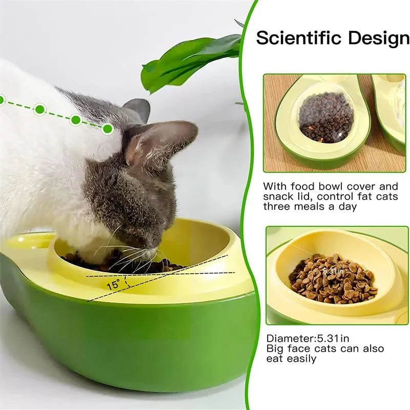 Avocado-shaped automatic cat water dispenser and slow feeder bowl with separate food sections