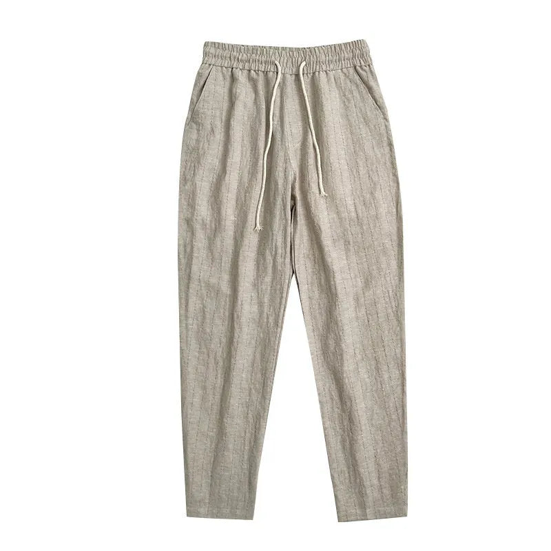 Men's cotton and linen casual trousers with cropped length and stripe pattern