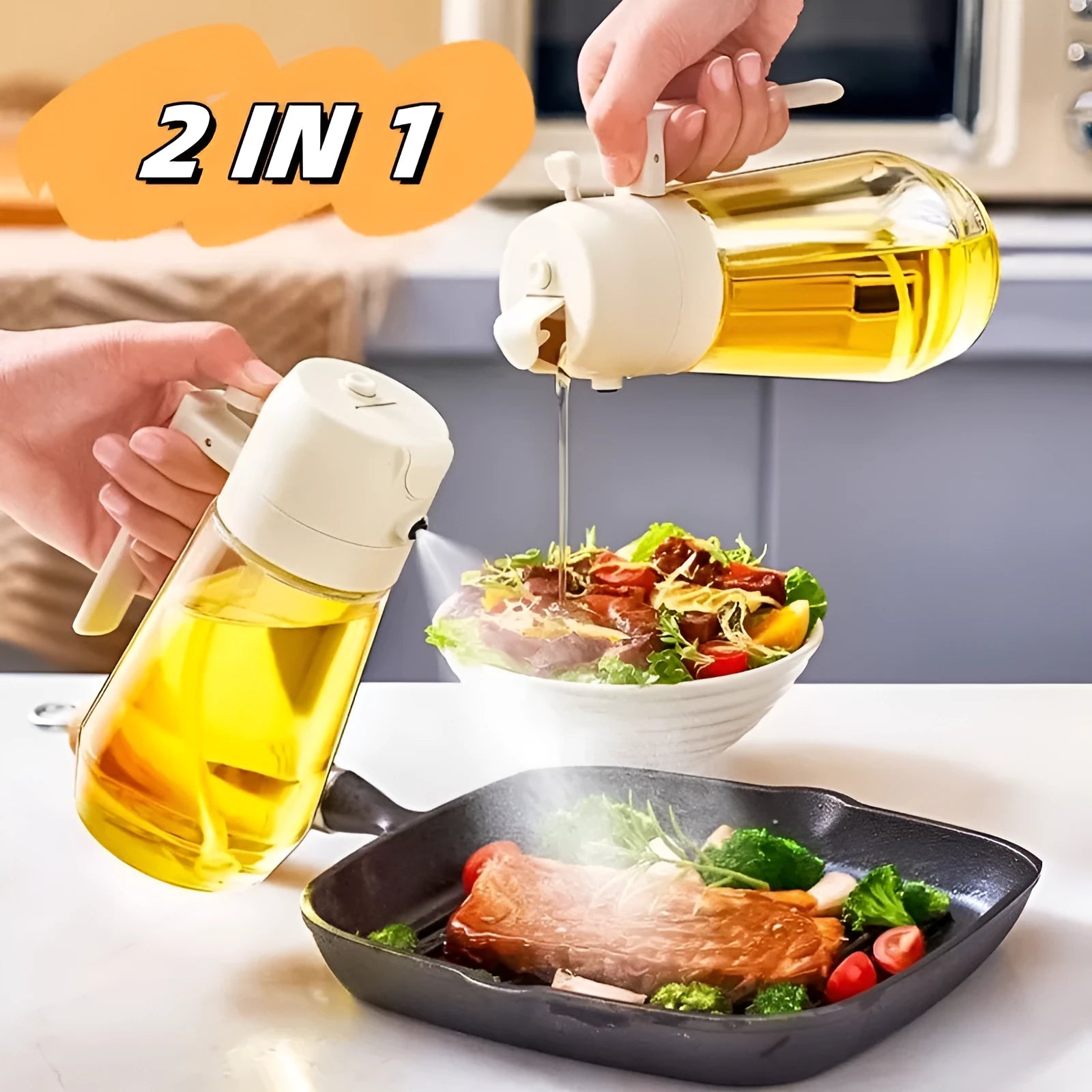 470ml glass oil sprayer dispenser with ergonomic handle in beige, black, green, or yellow colour