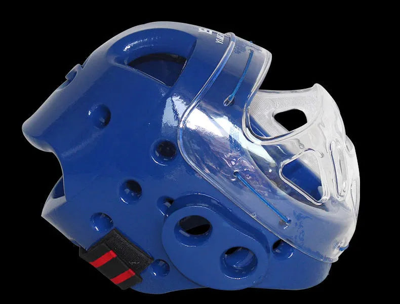 Karate boxing helmet for head protection, shown in white, blue, and red colour options.