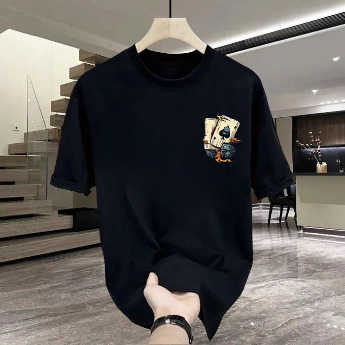 Men's black heavy cotton short-sleeve T-shirt with a printed design on a hanger.
