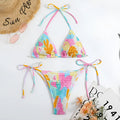 Multicolour floral gradient triangle bag bikini swimsuit with smocking detail for women.
