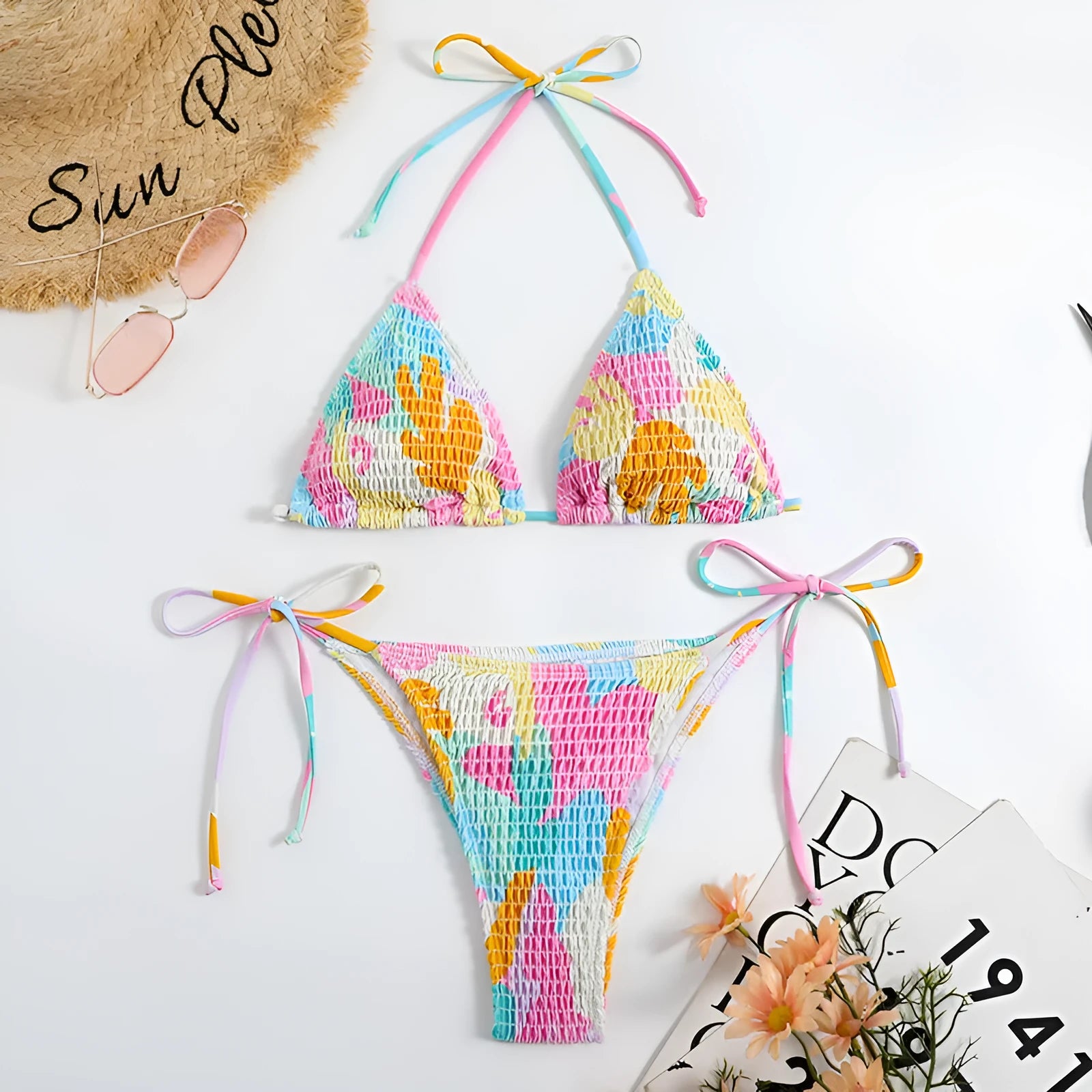 Multicolour floral gradient triangle bag bikini swimsuit with smocking detail for women.