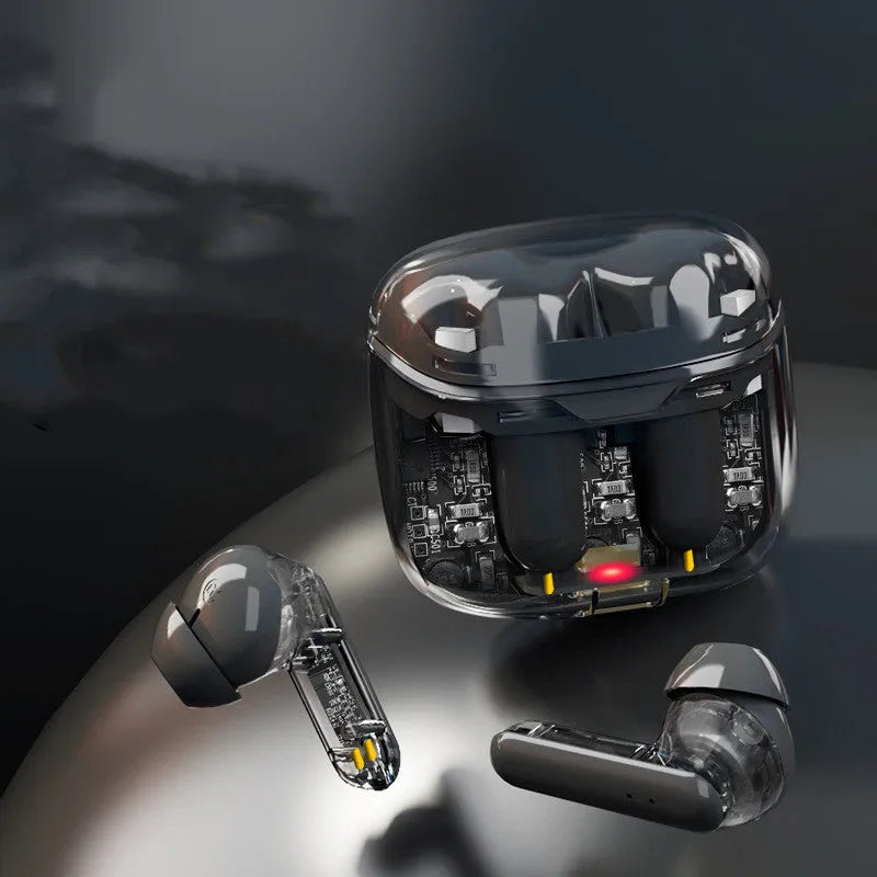 Wireless Bluetooth gaming headset with transparent charging case in black colour